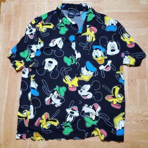 Disney Mickey Mouse Hawaiian Shirt Button Up Rayon Goofy Donald Duck Size XL